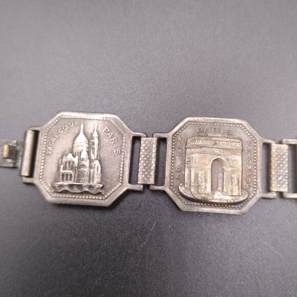 Vintage Silver Tone Paris Metal Enamel Link Panel Bracelet Souvenir  8” - Picture 2 of 8